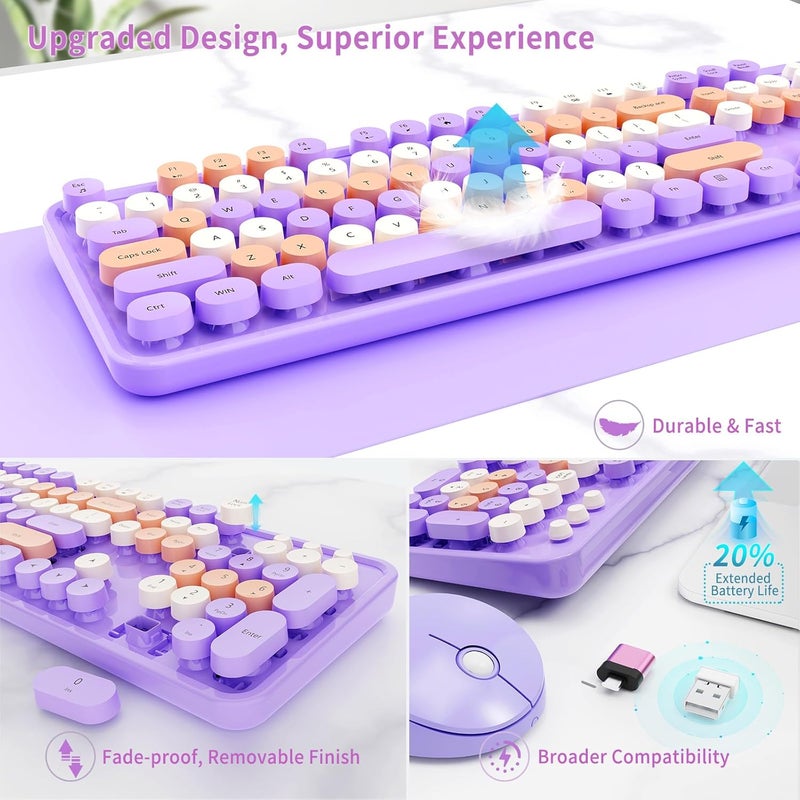 Nowlike Wireless Keyboard and Mouse Combo, Retro Typewriter Keyboard with Round Keycaps, Full-Size Ergonomic, Purple, Ideal for Windows PC, Home, Office, and College - Image 4